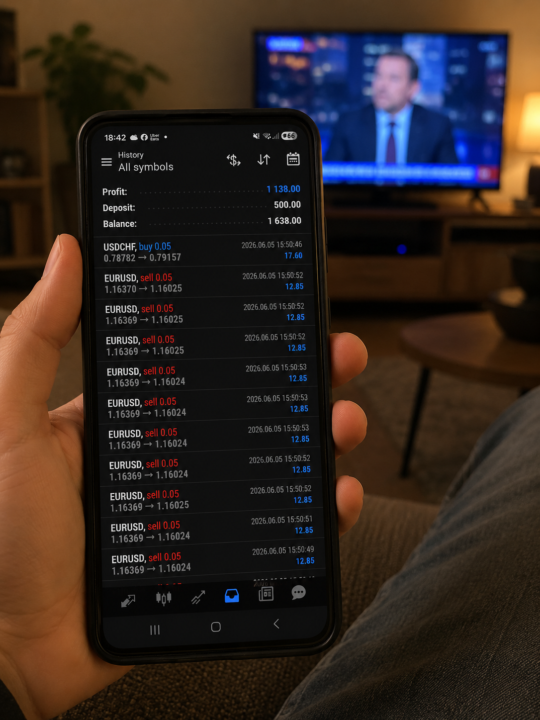 CopyTraderVault members portal showing live trade history with profit, deposit and balance